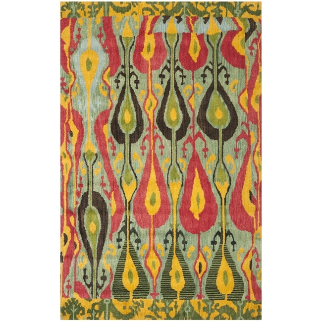 Handmade Ikat Blue/ Green Wool Rug (5 X 8)