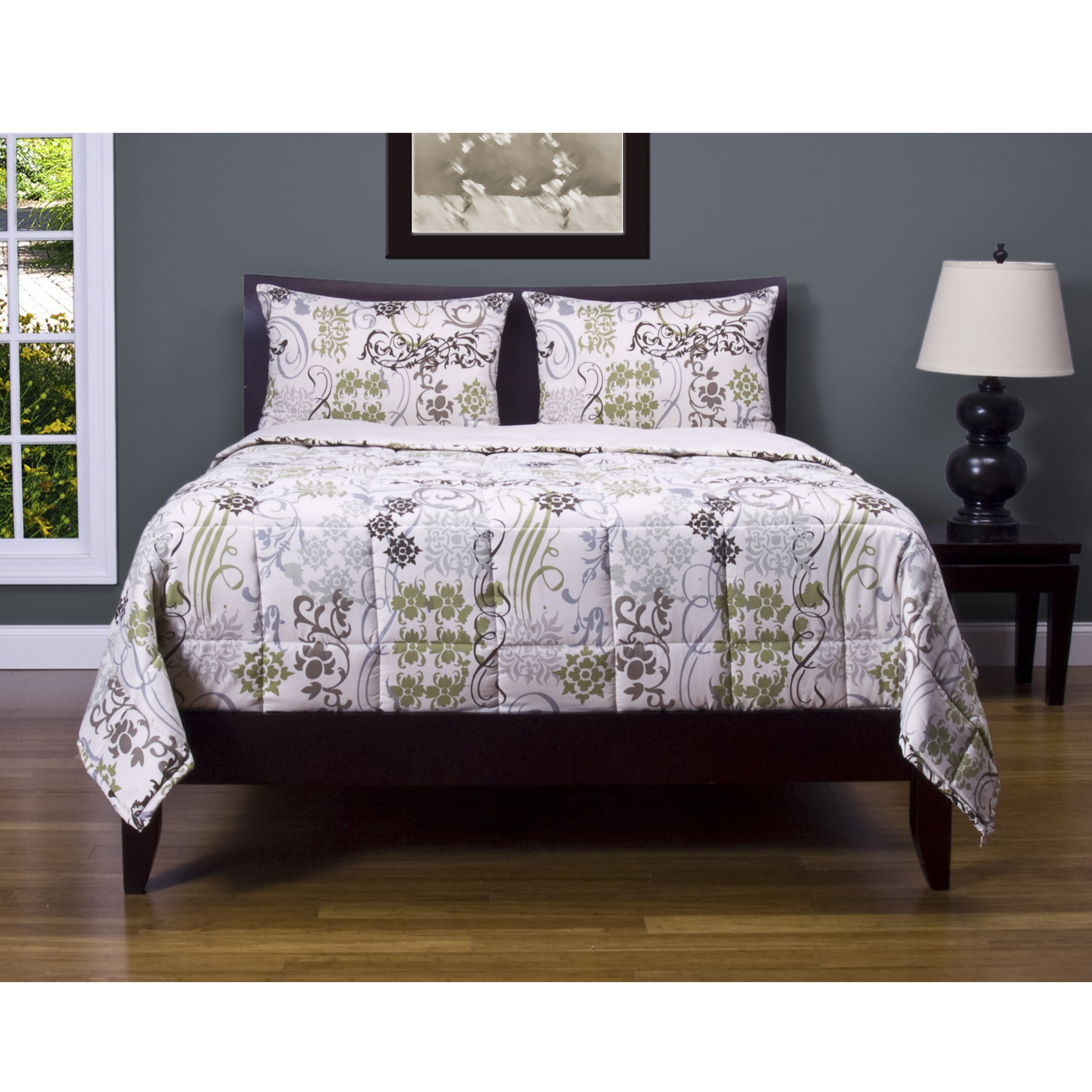Ornamental 3 piece Comforter Set (Thyme green, deep cornflower blue, truffle brown, soft mint, creamy off white Materials 100 percent polyester Care instructions Machine wash cold, tumble dry low Queen DimensionsComforter 94 inches wide x 98 inches lon