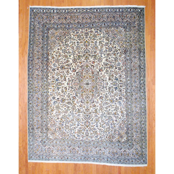 Persian Hand-knotted Mashad Ivory/ Beige Wool Rug (9'7 x 12'6)