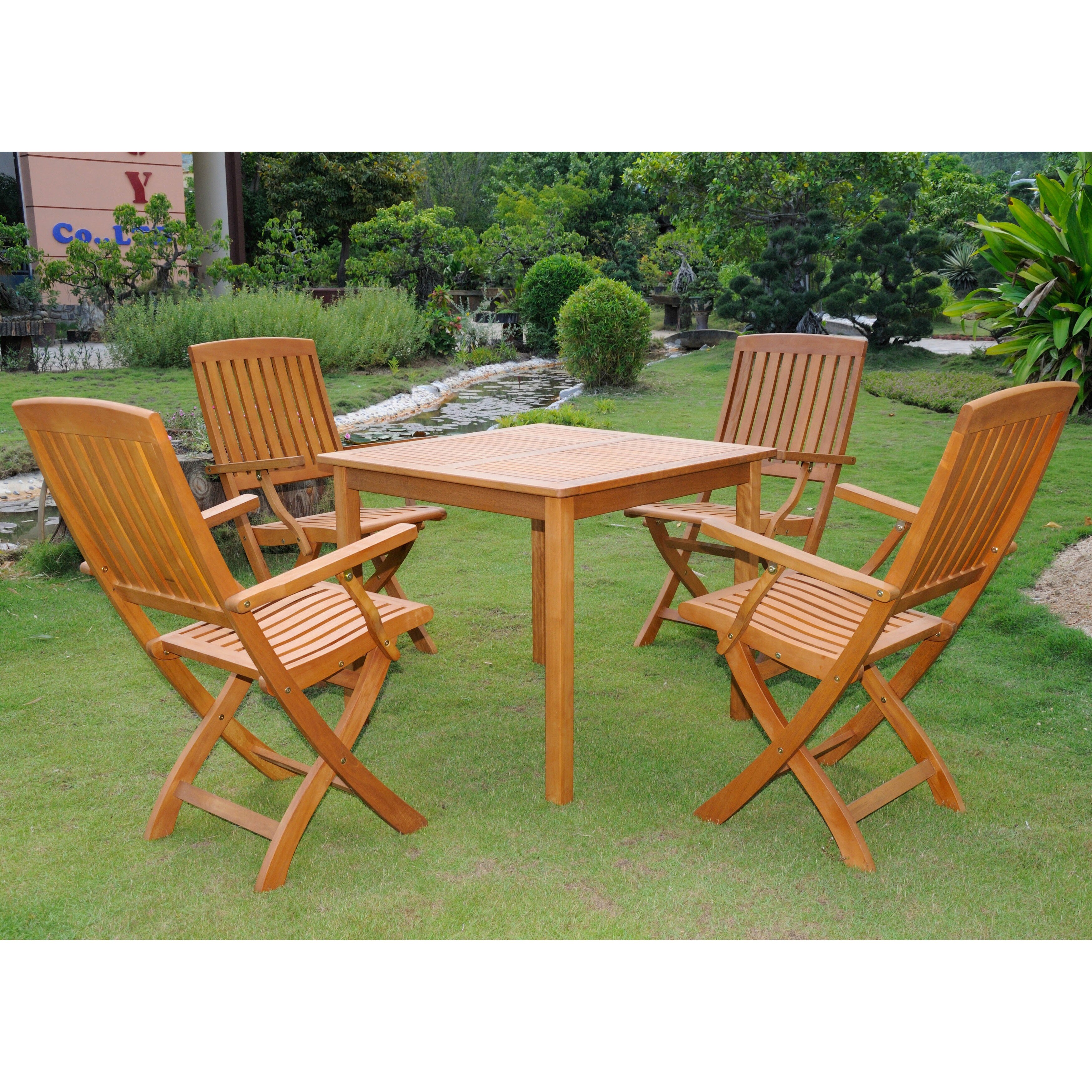 International Caravan Royal Tahiti Benevente 5 piece Outdoor Dining Set (Natural yellow balau wood colorMaterials Yellow balau hardwoodFinish Natural Wood finishWeather resistantUV protectionChairs fold for easy deployment and storageChair dimensions 2