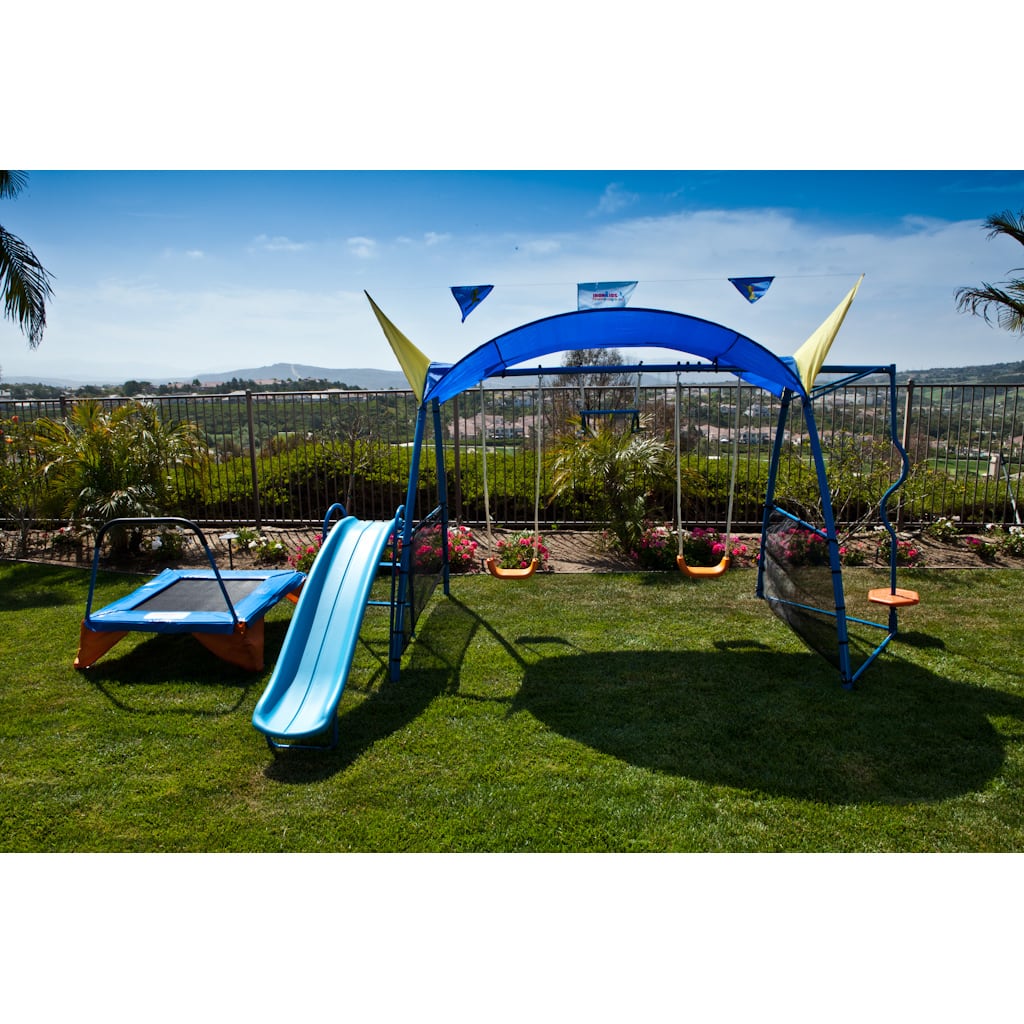 Ironkids Premier 300 Metal Swing Set with Trampoline, Spinner and Protective Sunshade