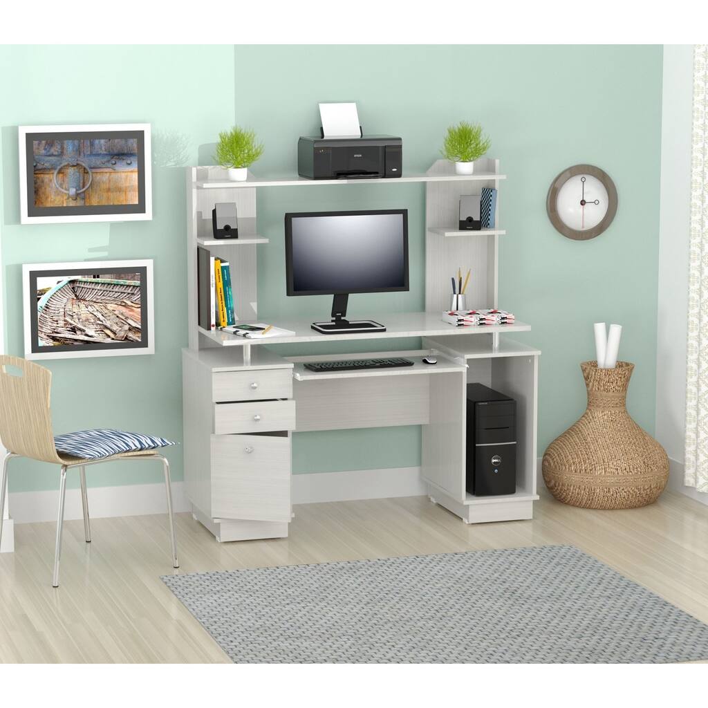 Inval Modern White Computer Workcenter Desk with Hutch
