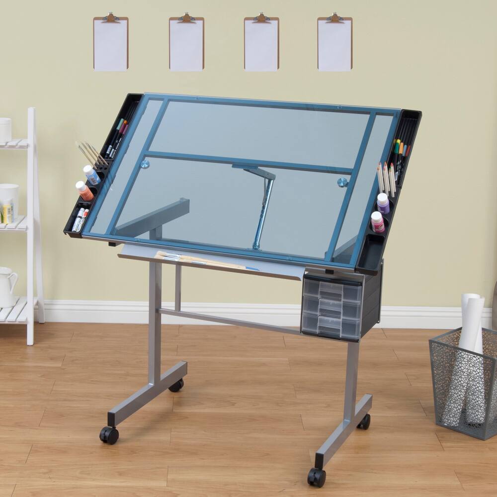 Studio Designs Vision Silver Glass Top Mobile Drafting Table