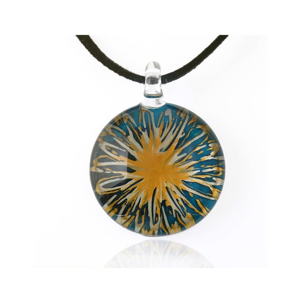 Chuvora Blue and Yellow Flower Murano Glass and Black Cord Necklace Fashion Necklaces