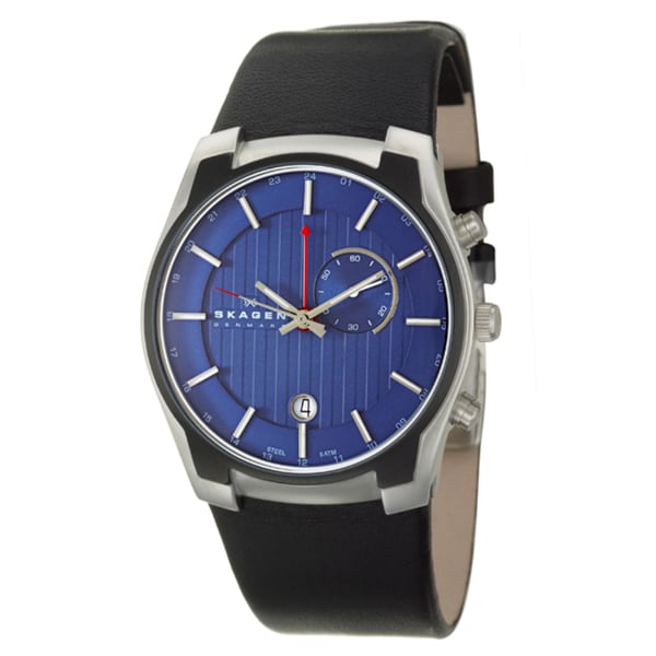 Skagen Men's Black Leather Dual Time Zone Stainless Steel Watch Skagen Men's Skagen Watches