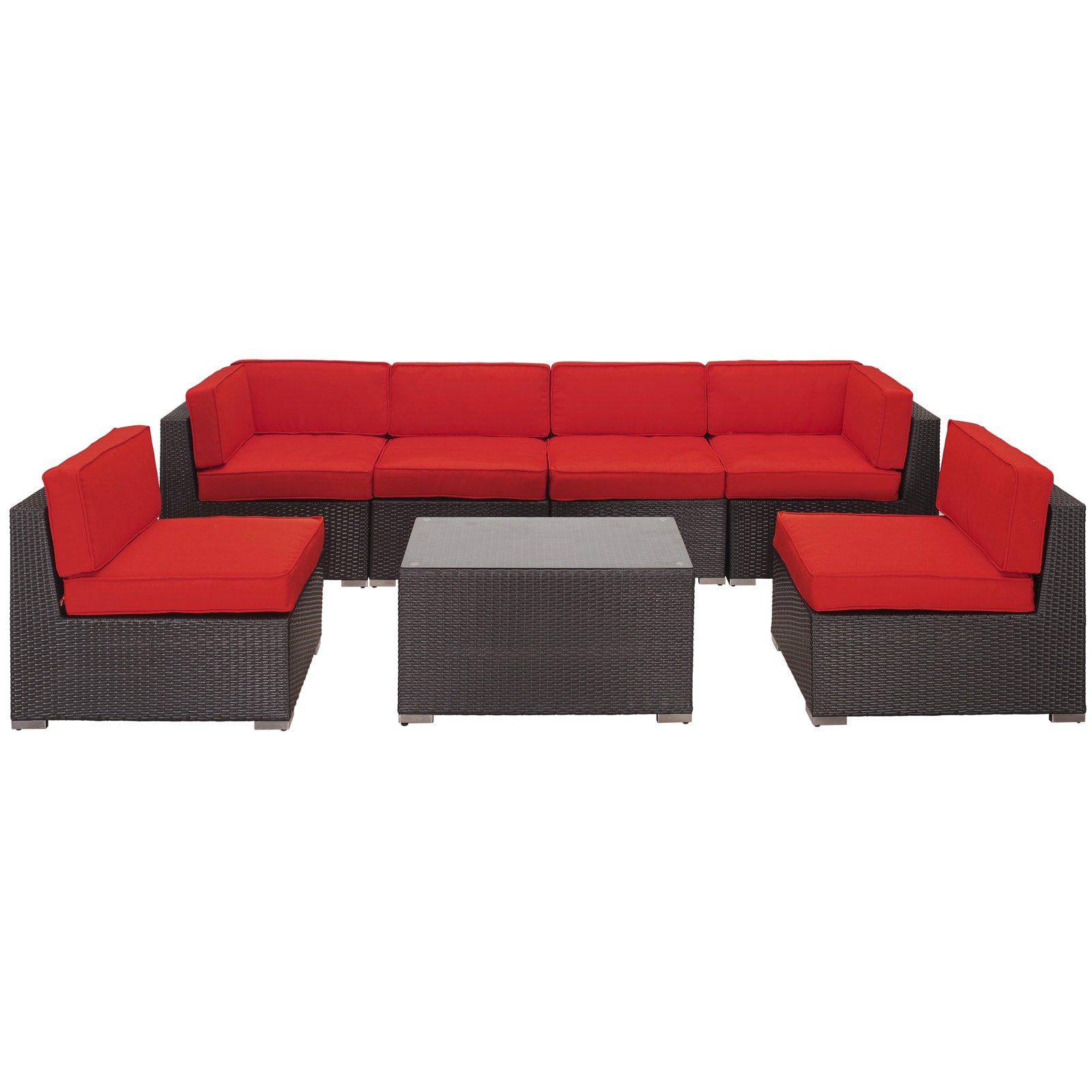 Aero Outdoor Wicker Patio 7 piece Sectional Sofa Set In Espresso With Red Cushions