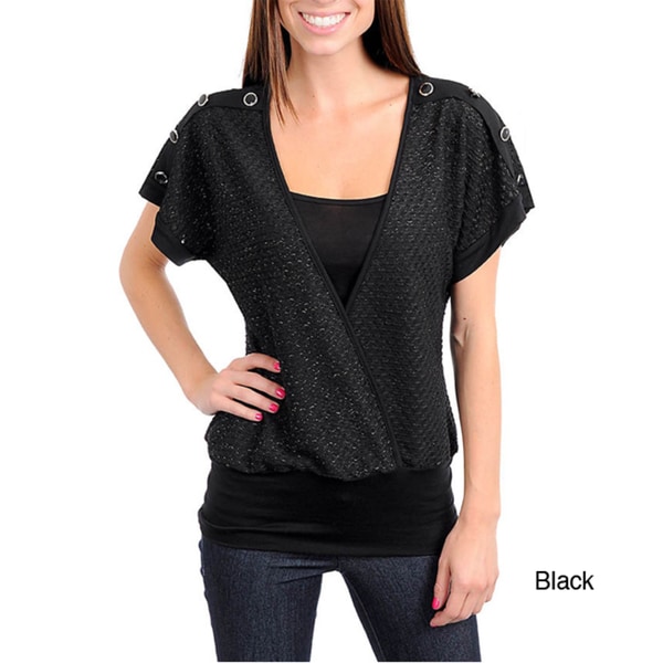 Stanzino Women's V-neck Top with Button Detailed Shoulder