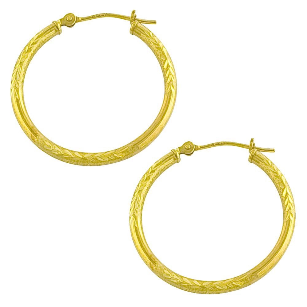 14k Yellow Gold 25 mm Diamond cut Station Hoop Earrings   