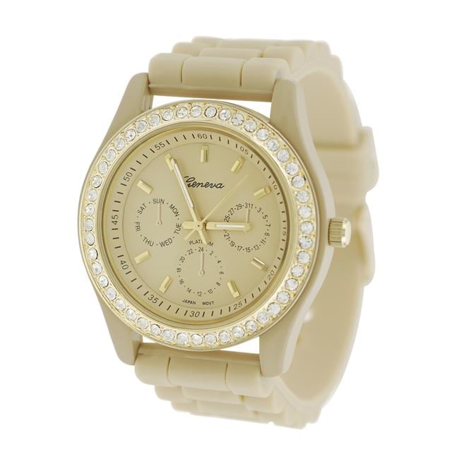 Geneva Womens Platinum Rhinestone Chronograph style Silicone Watch