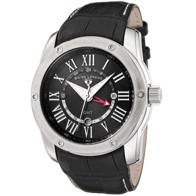 Swiss Legend Mens Traveler Black Leather GMT Watch