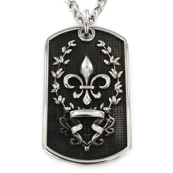 Stainless Steel Antiqued Dog Tag with Fleur de Lis Pendant