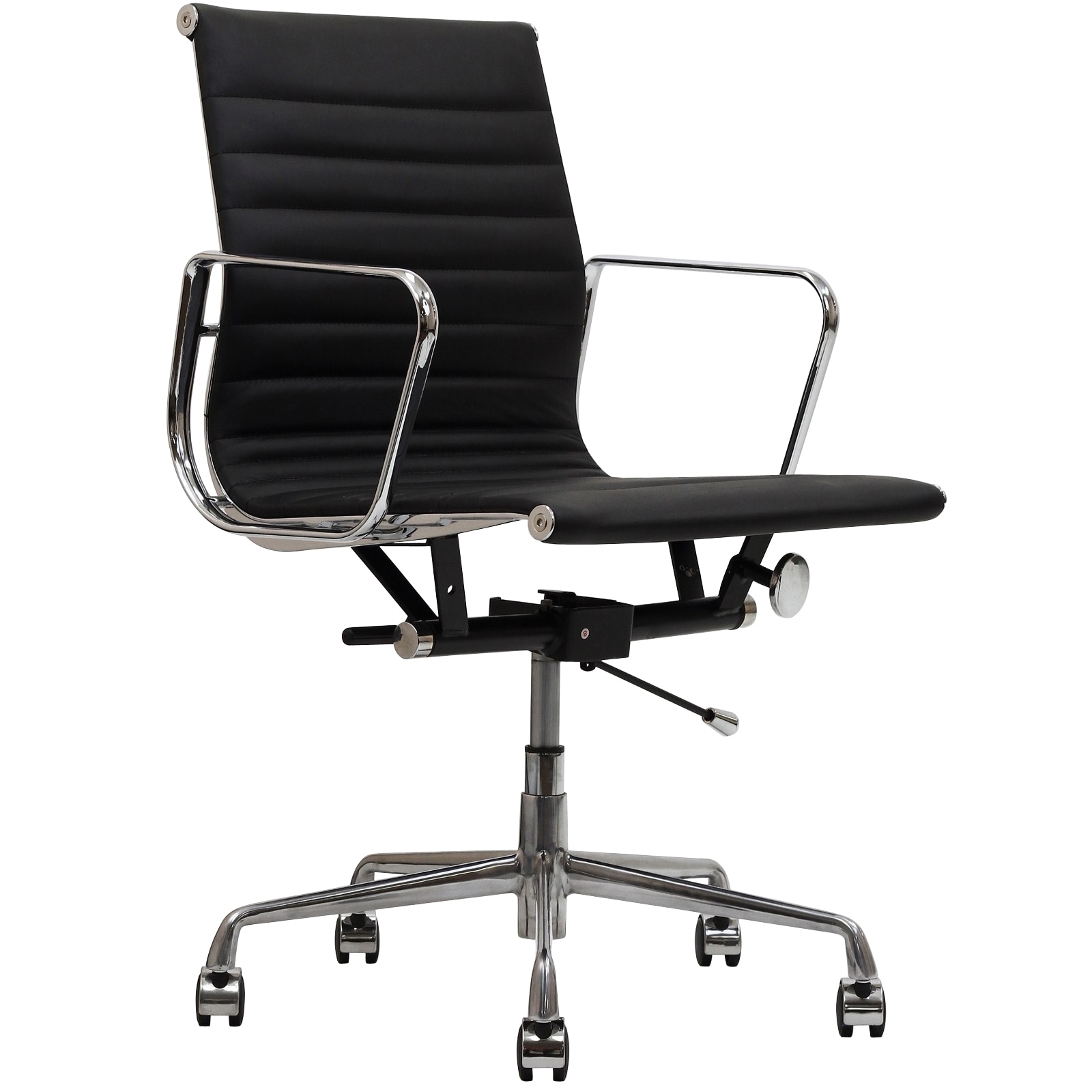 Shop Black Genuine Leather Ribbed Mid Back Office Chair On Sale