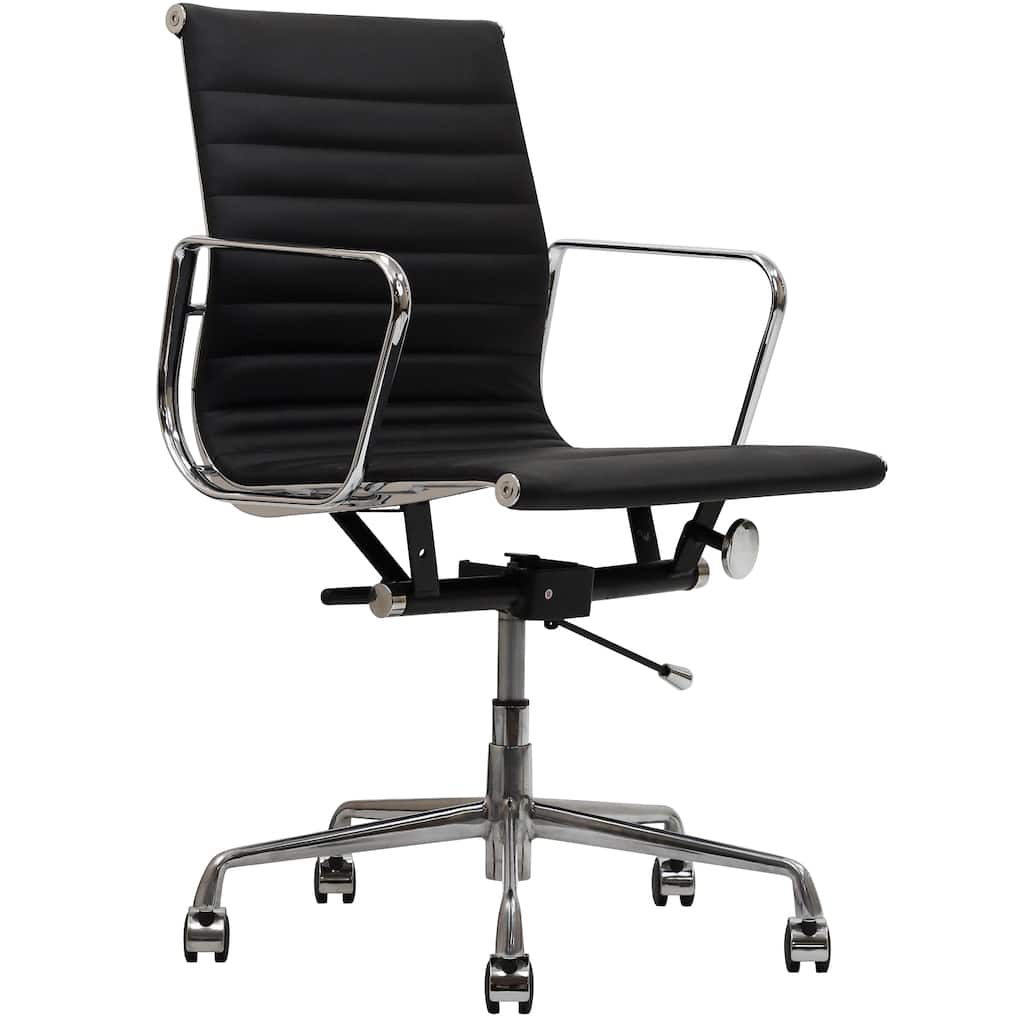 Black Genuine Leather Ribbed Mid Back Office Chair