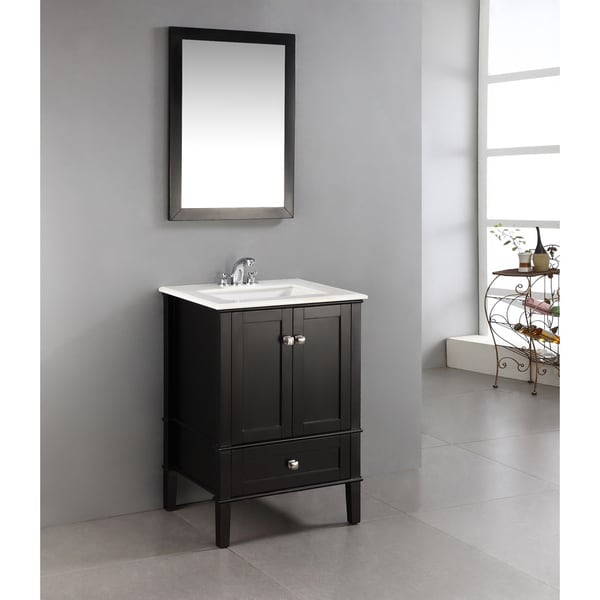 Windham Black 24 inch Bath Vanity with 2 Doors, Bottom Drawer and White Quartz Marble Top WyndenHall Bathroom Vanities