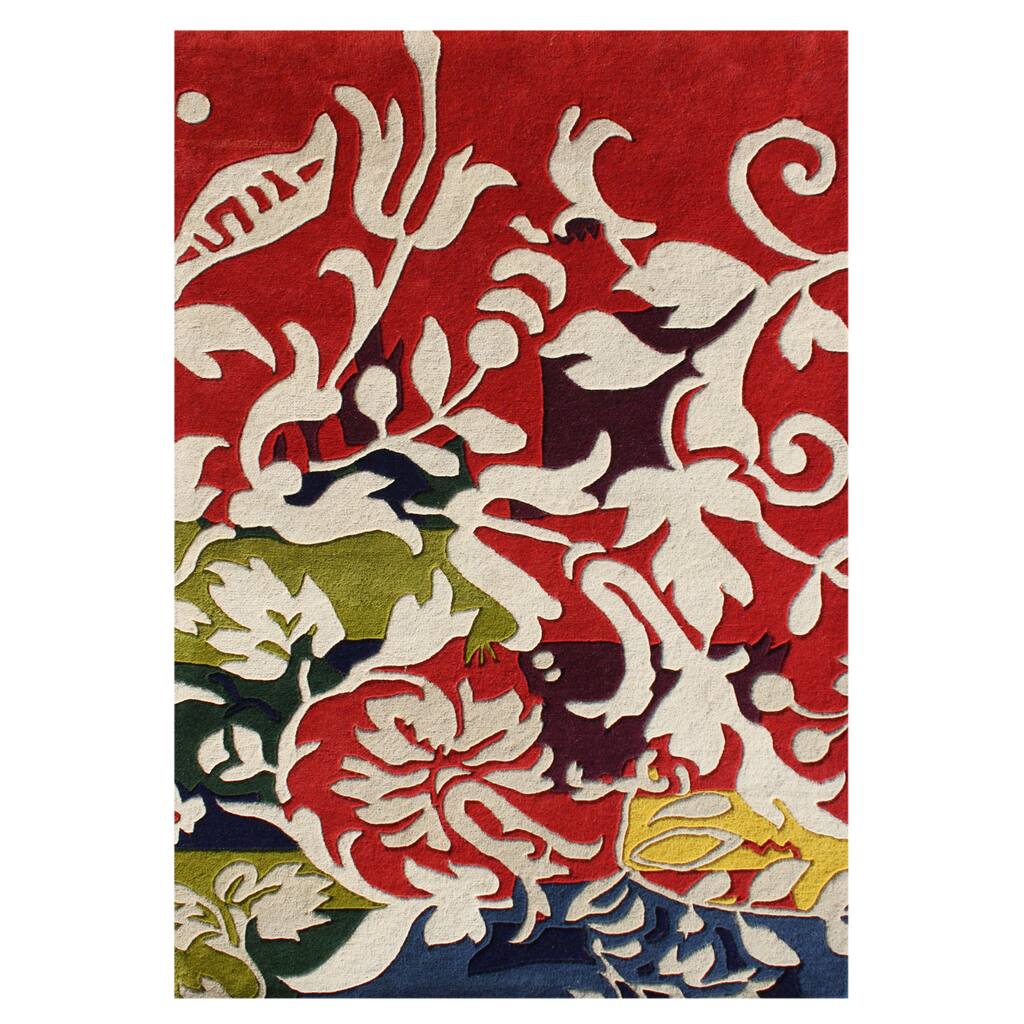 Alliyah Handmade Red New Zealand Blend Wool Rug - Colony Blue/Ruby Wine - 5' x 8'