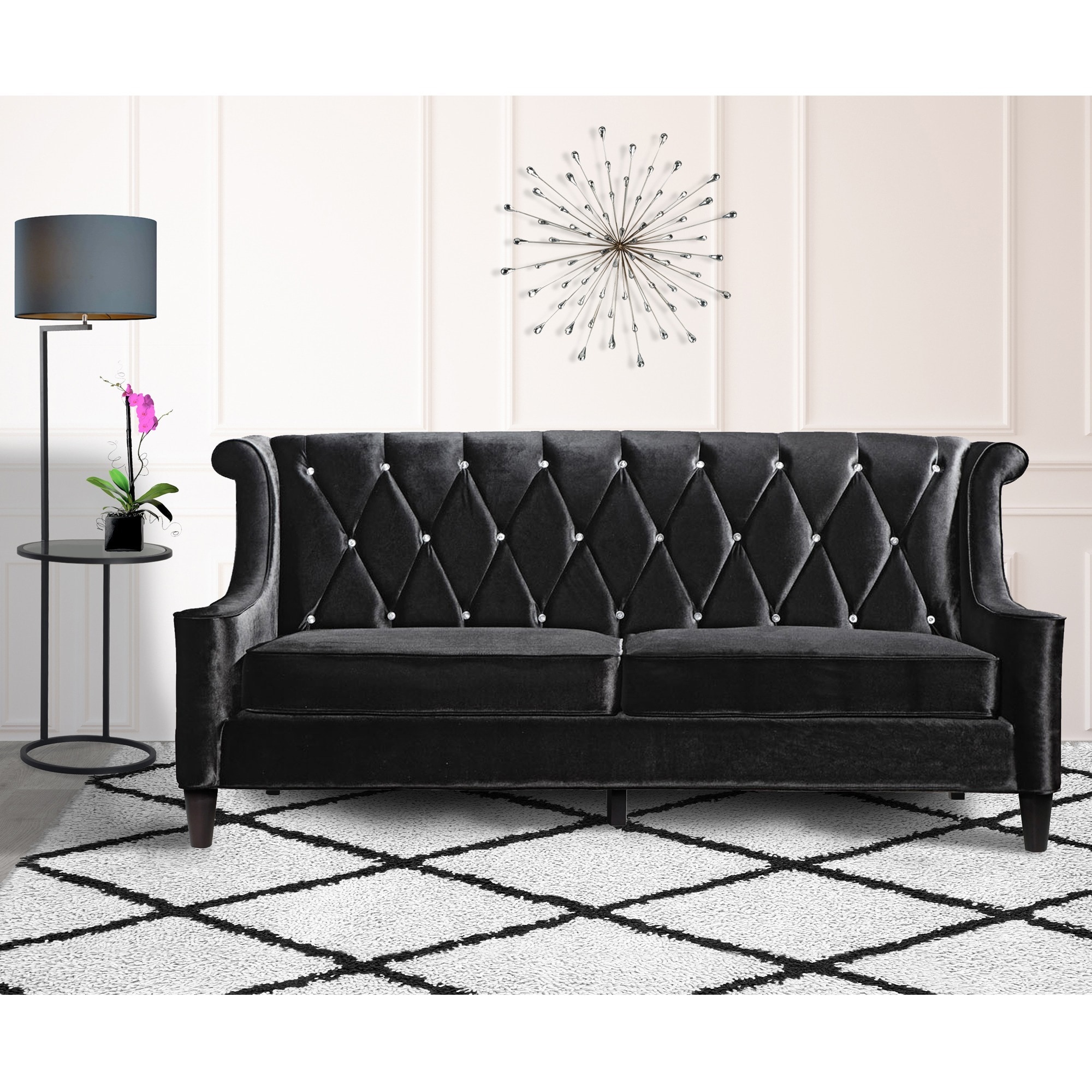 Armen Living Barrister Modern Black Velvet Sofa with Crystal Black
