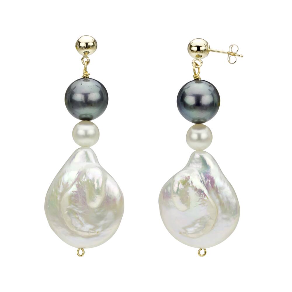 14k Yellow Gold White and Black Freshwater Pearl Drop Earrings (6-25 mm)