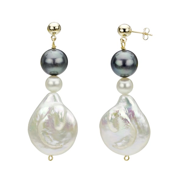 14k Yellow Gold White and Black Freshwater Pearl Drop Earrings (6 25 mm) DaVonna Pearl Earrings