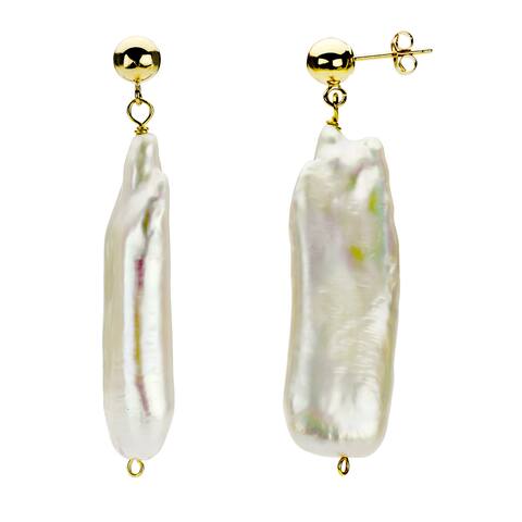 DaVonna 14k Yellow Gold White FW Biwa Pearl Drop Earrings (10-25 mm)