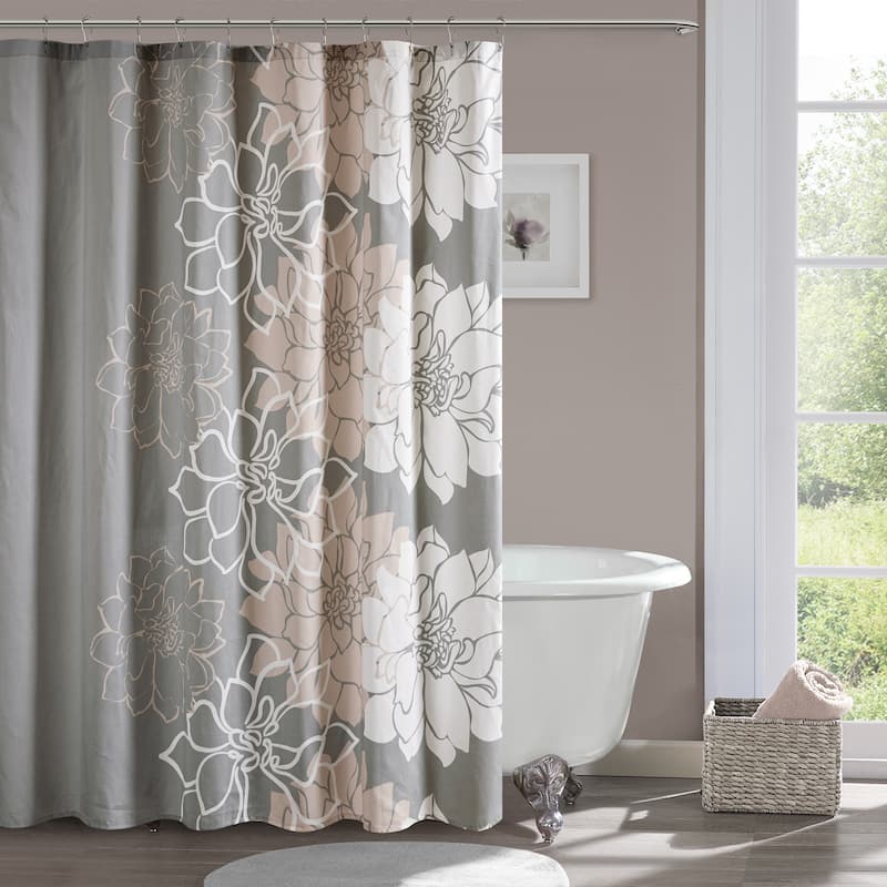 Madison Park Lola 100% Cotton Floral Printed Shower Curtain - Grey/Peach