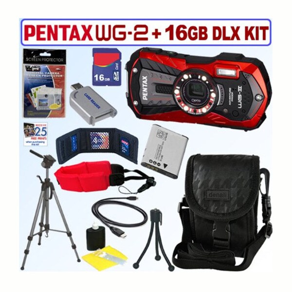Pentax Optio WG-2 16MP Waterproof Red Digital Camera / D-LI92 Battery / 16GB Accessory Kit