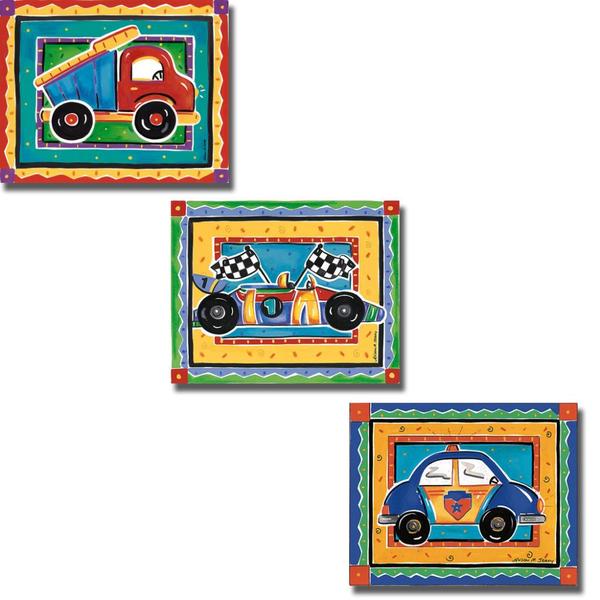 Alison Perry Dump Truck, Race Car, and Police Car 3 piece Canvas Art