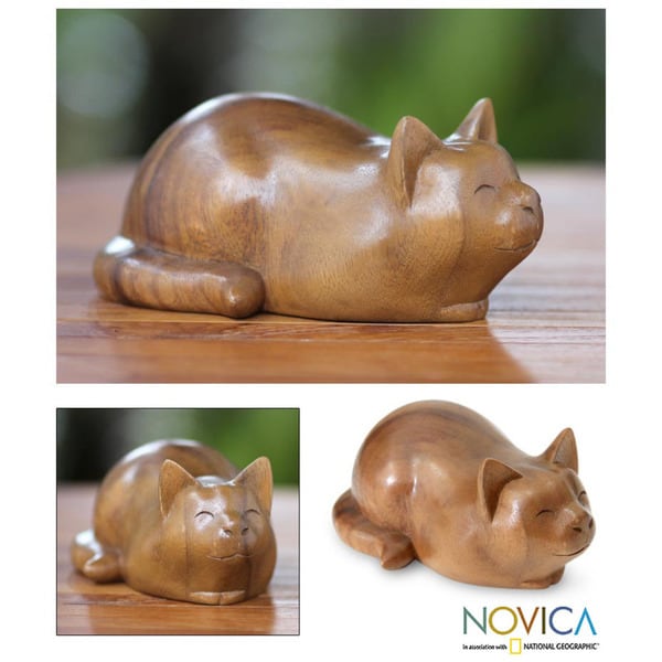 Suar Wood 'Kitty Cat Bliss' Sculpture (Indonesia) Novica Statues & Sculptures