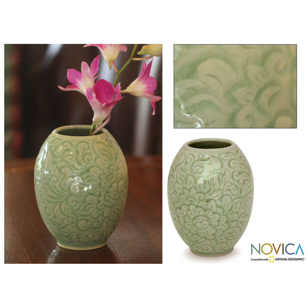 Handmade Celadon Ceramic Thai Peony Vase (Thailand)