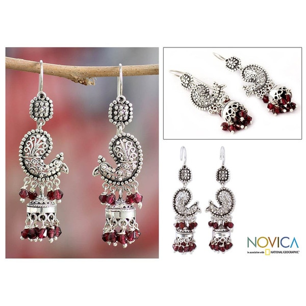 Sterling Silver 'Paisley Peacock' Garnet Earrings (India) Novica Earrings