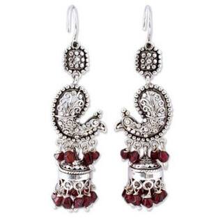 NOVICA Handmade Paisley Peacock Sterling Silver Garnet Earrings (India) - 8'3" x 11'
