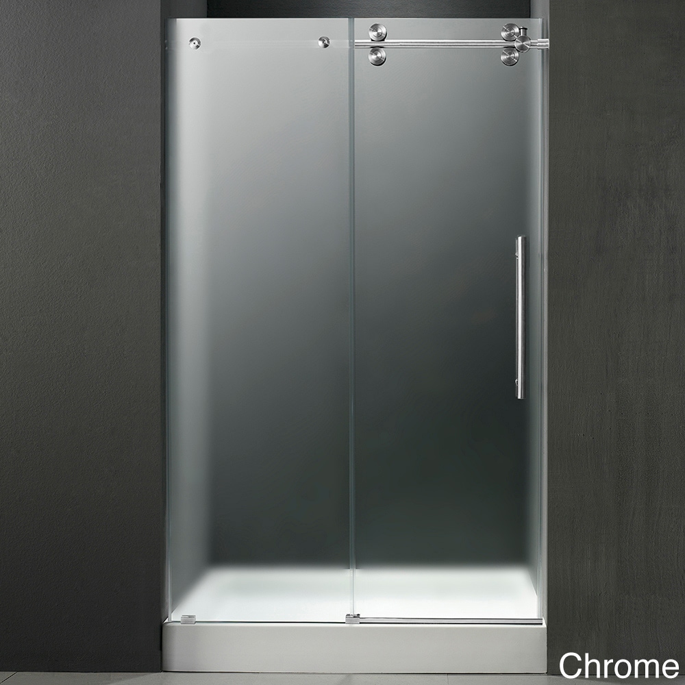 Vigo 48 inch Frameless Center Drain Shower Right Door 0.375 inch Frosted Glass With White Base