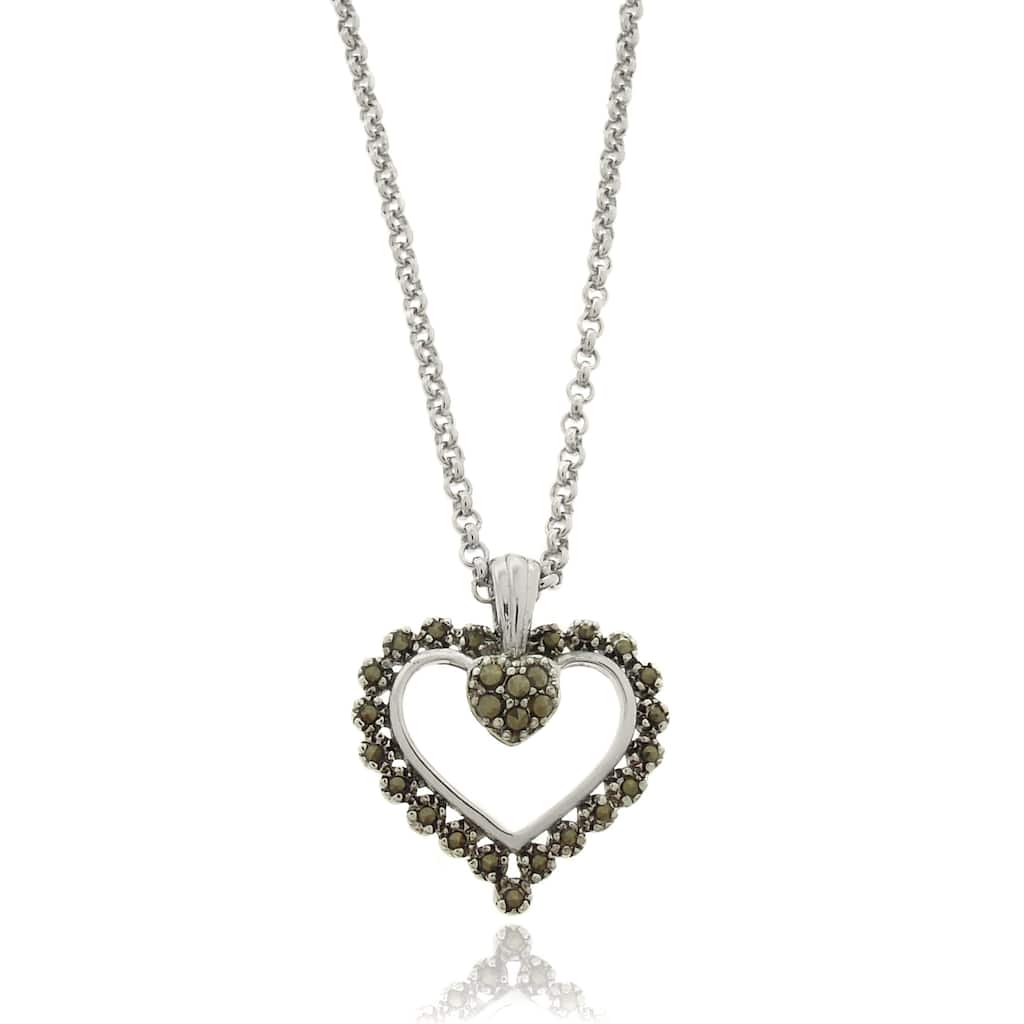 Dolce Giavonna Silverplated Marcasite Scalloped Heart Necklace