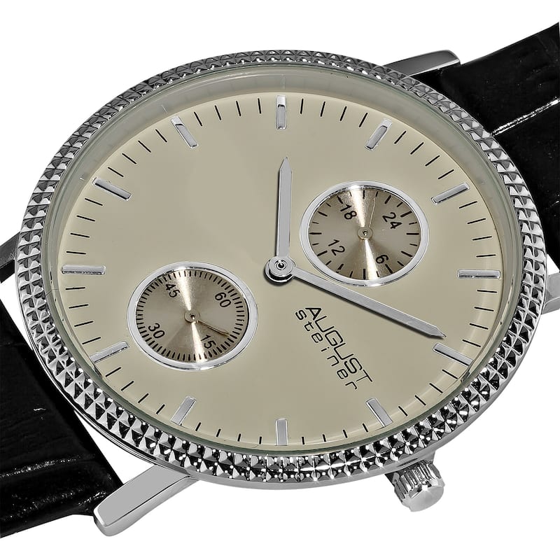 August Steiner Men's GMT Leather Silver-Tone Strap Quartz Watch
