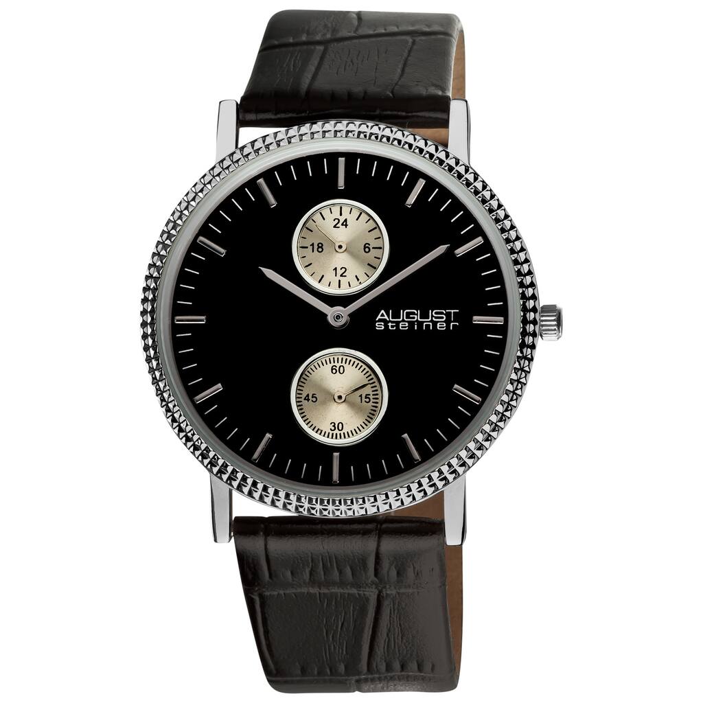 August Steiner Men's GMT Leather Black Strap Quartz Watch