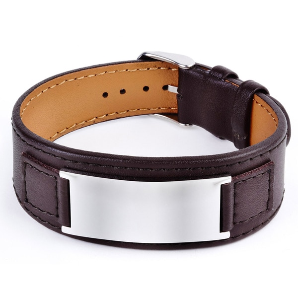 Crucible Stainless Steel and Leather Men's Engraveable Plate Bracelet