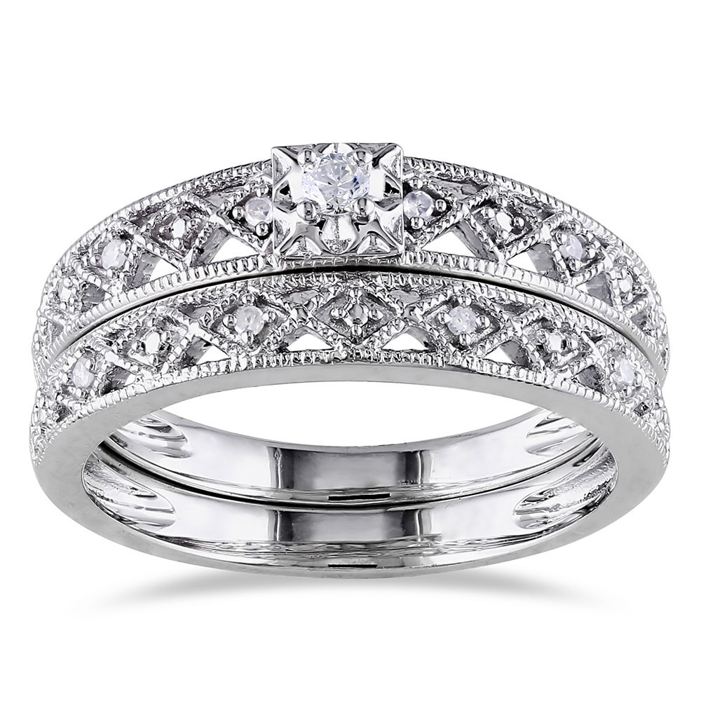 Miadora Sterling Silver 1/10ct TDW Vintage Diamond Filigree Bridal Ring Set - White