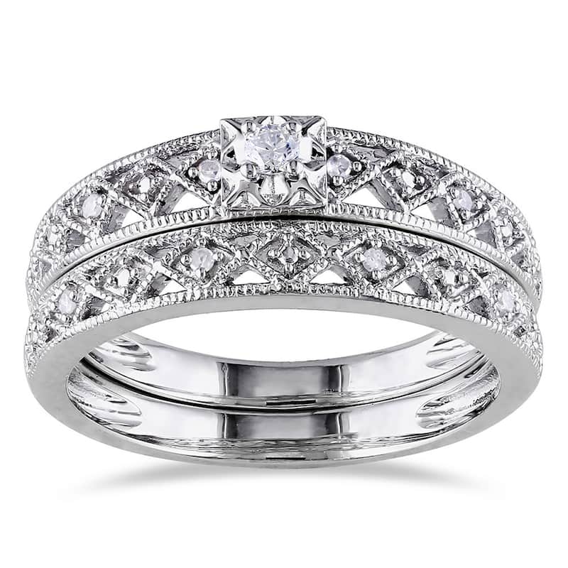 Miadora Sterling Silver 1/10ct TDW Vintage Diamond Filigree Bridal Ring Set - White - 5