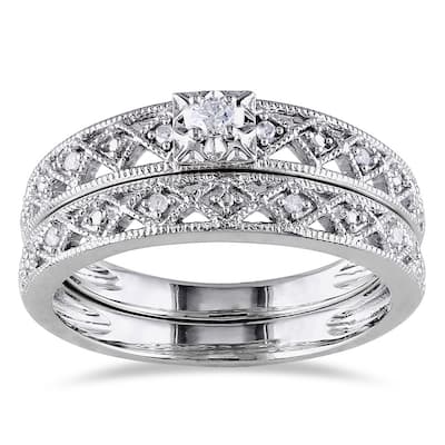 Miadora Sterling Silver 1/10ct TDW Vintage Diamond Filigree Bridal Ring Set - White