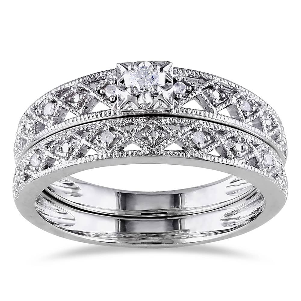 Miadora Sterling Silver 1/10ct TDW Vintage Diamond Filigree Bridal Ring Set - White