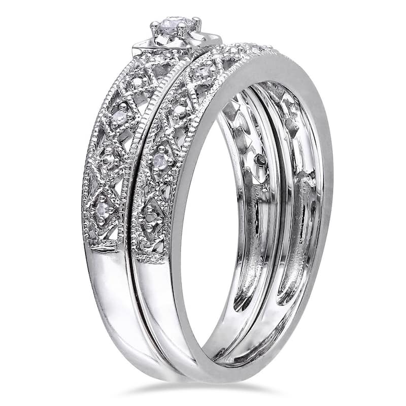 Miadora Sterling Silver 1/10ct TDW Vintage Diamond Filigree Bridal Ring Set - White