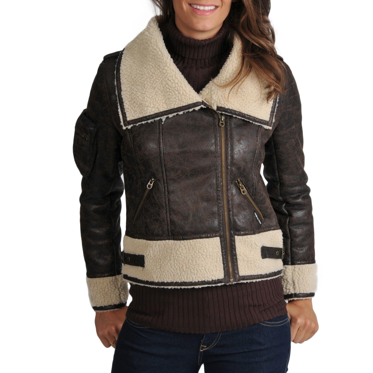 Members Only Womens Maddy Faux Shearling Flight Jacket