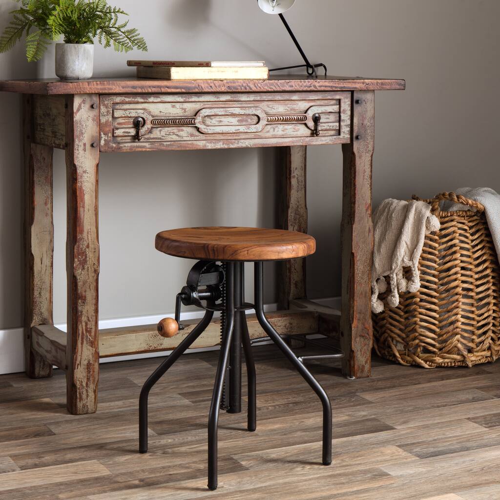 Handmade Hand Crank Reclaimed Teak Adjustable Counter Stool (India)