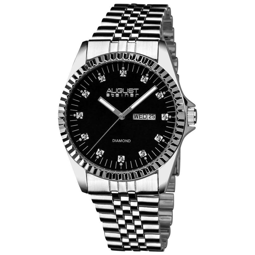 August Steiner Men's Diamond Stainless Steel Silver-Tone Bracelet Watch