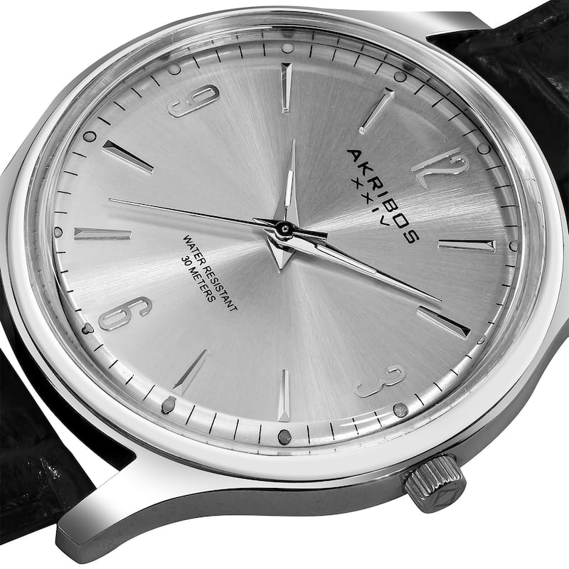 Akribos XXIV Men's Stainless Steel Swiss Quartz Leather-Silver-Tone Strap Watch