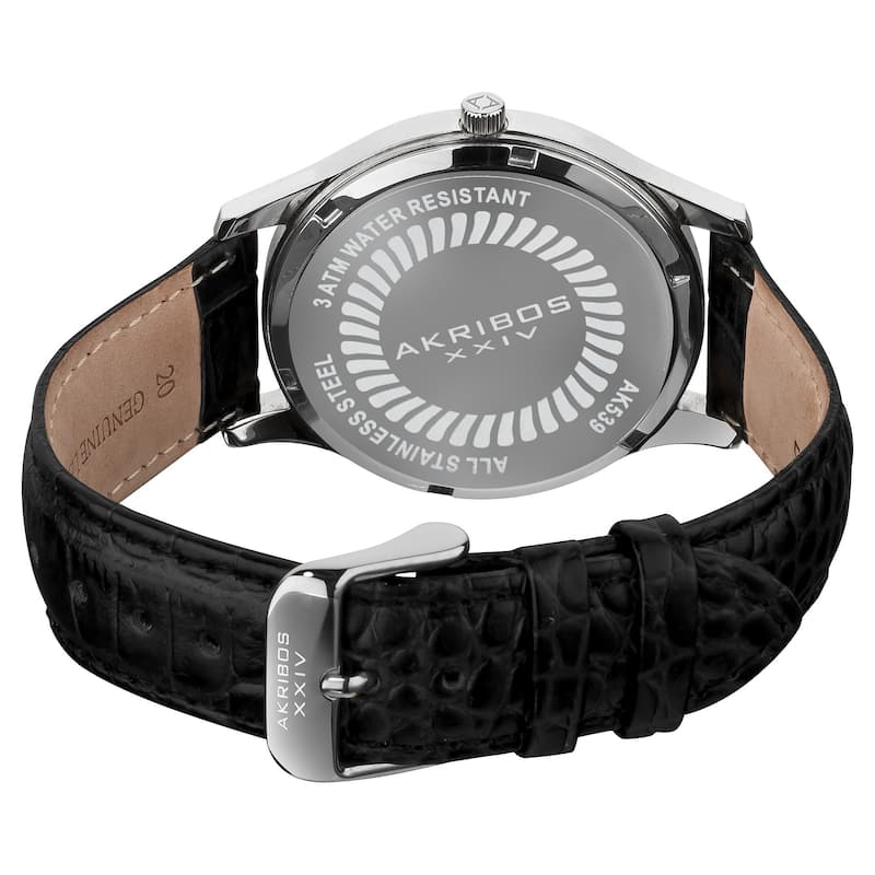 Akribos XXIV Men's Stainless Steel Swiss Quartz Leather-Silver-Tone Strap Watch