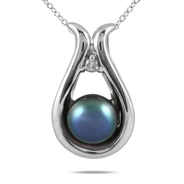 Sterling Silver Black FW Pearl and Diamond Accent Necklace (6 6.5 mm) Pearl Necklaces