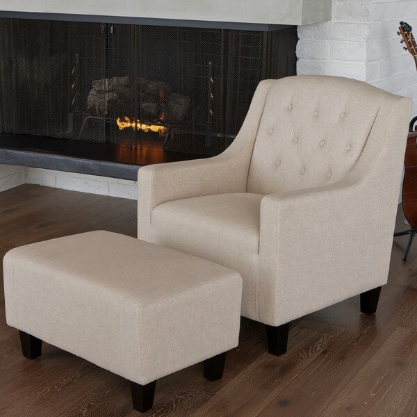 Elaine Beige Tufted Fabric Club Chair with Ottoman by Christopher