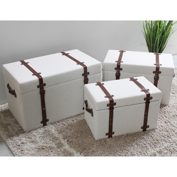 International Caravan Bradford Upholstered Vintage Trunks (Set of 3)