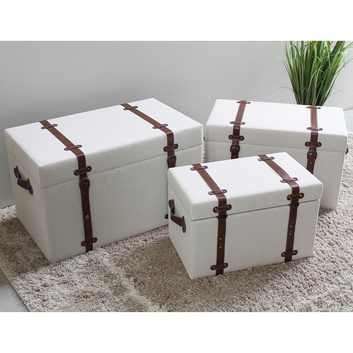 Vintage Antique Upholstered Trunks with Faux Leather Decor (Set of 3