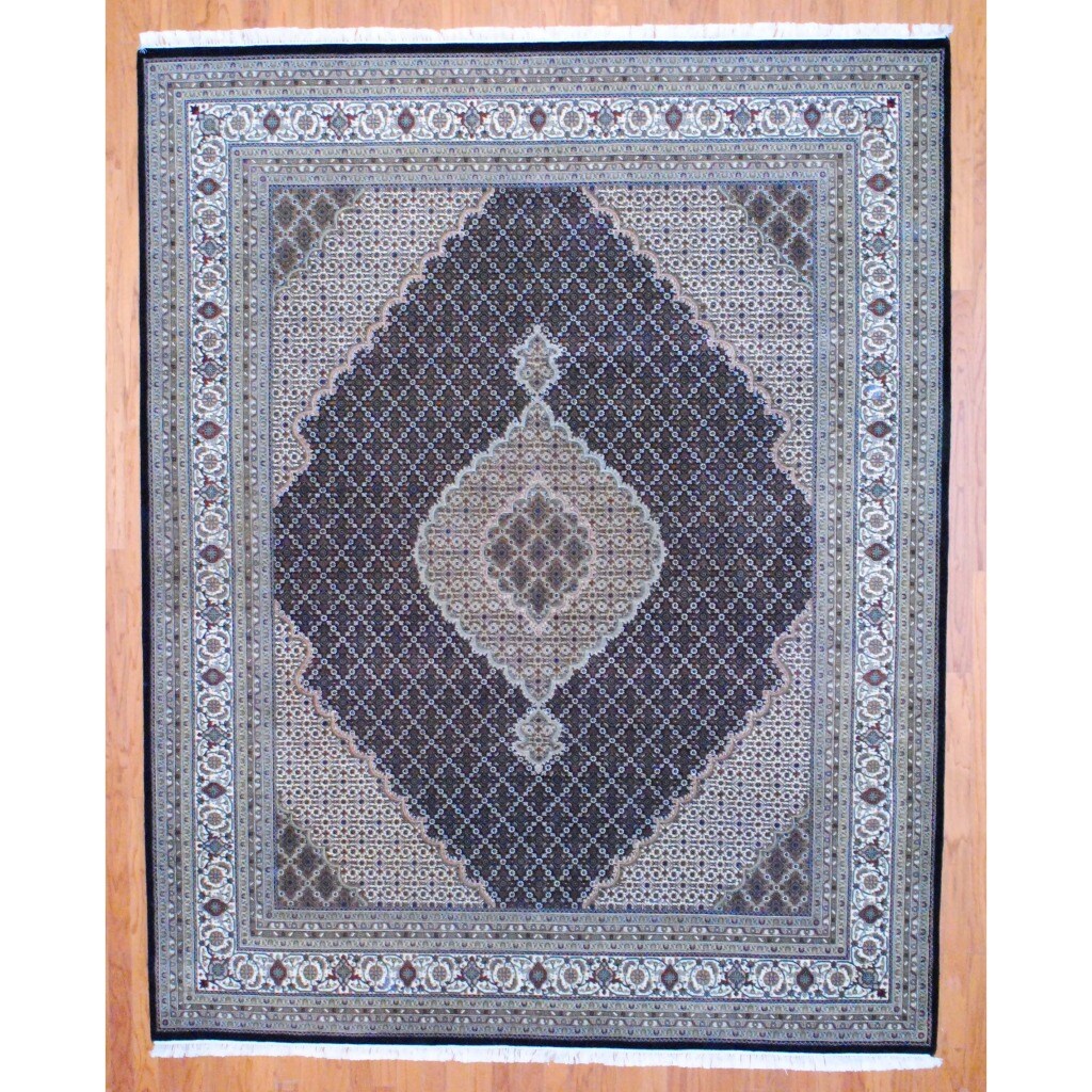 Shop Indo Handknotted Tabriz Black/ Ivory Wool/ Silk Rug (8' x 10